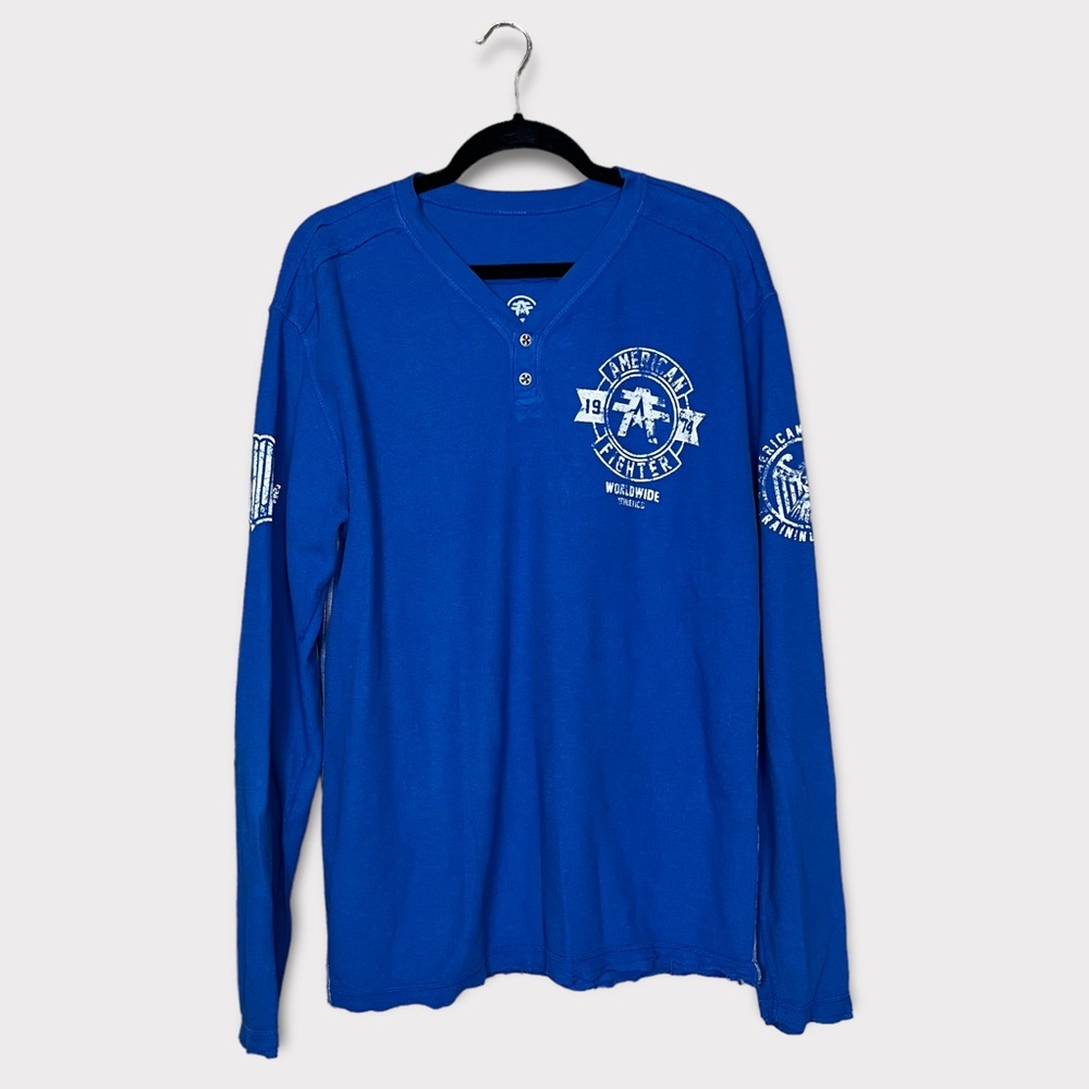 American‎ Fighter Long Sleeve Thermal Henley Shirt Size Large Blue Distressed